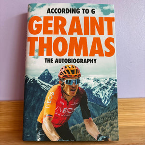 Book cover of 'According to G Geraint Thomas: The Autobiography' with a cyclist on a mountainous background.