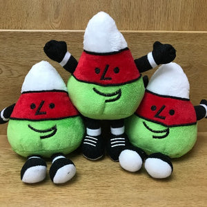 Three plush toy figures resembling Mr Urdd, with green bodies, red and white striped hats, and black and white shoe details, arranged together.