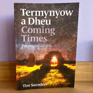 Book cover of 'Termynyow a Dheu / Coming Times' by Tim Saunders featuring a pathway leading to standing stones with a sun flare in the background, published by Francis Boutle Publishers.