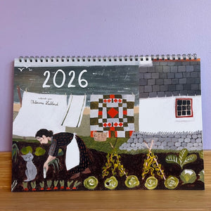 Calendar for 2026 with a design of a woman, cat, and garden on a purple background
