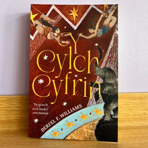Book cover of 'Y Cylch Cyfrin' by Derfel F. Williams on a wooden surface with a white wall background.