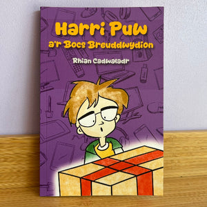 Book cover of 'Harri Puw a'r Bocs Breuddwydion' with a cartoon character on a purple background.