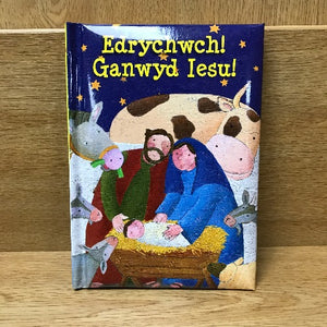 A book cover featuring illustrations of Mary, Joseph, and baby Jesus with a Christmas theme. The title is written in both English and Welsh.