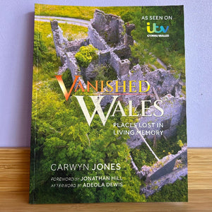 Book titled 'Vanished Wales' with a castle ruin on the cover, displayed on a wooden surface.