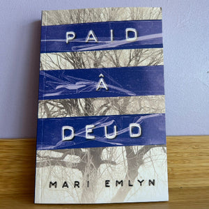 Book titled 'Paid A Deud' by Mari Emlyn with a blue and white cover against a light purple wall.