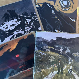 Collage of four artistic prints featuring landscapes and figures.