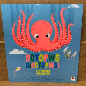 Children's book cover featuring a illustration of a red octopus with the title 'Octopws Sioctopws!' in both English and Welsh.