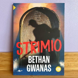 Cover of the book 'Strimio' by Bethan Gwanas, featuring a silhouette of a person with a strimmer against a blurred background.