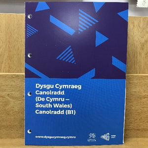 A coursebook titled 'Dysgu Cymraeg Canolradd (De Cymru - South Wales)' with a blue cover featuring geometric shapes.