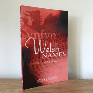 A book titled 'Welsh Names' by D. Geraint Lewis on a wooden surface with a red cover featuring white text.