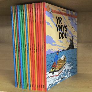 A collection of Tintin adventure books in Welsh, arranged on a shelf with 'Yr Ynys Ddu' cover featuring Tintin on a boat.
