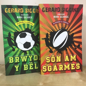 Two book covers for 'Academi'r Campau' series with vibrant colors and illustrations of children playing football.