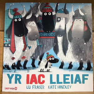 Children's book cover for 'Yr Iac Lleiaf' featuring illustrated yaks with one small yak in the foreground