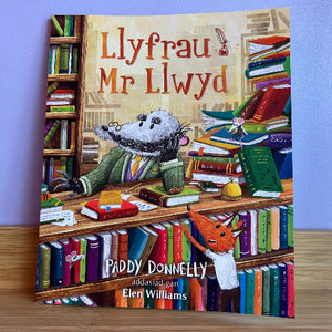 Book cover of 'Llyfrau Mr Llwyd' with characters in a library setting