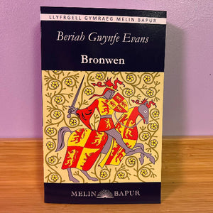 Book titled 'Bronwen' with a knight on a horse illustration against a purple background