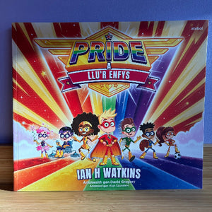 Book cover of 'Pride' with colorful design and characters on a blue background