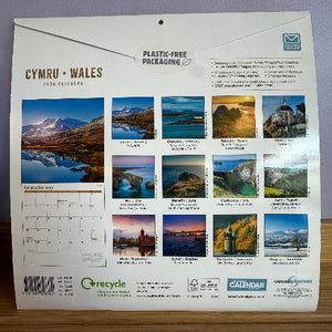Calendar packaging for Cymru Wales with scenic images and plastic-free packaging text.