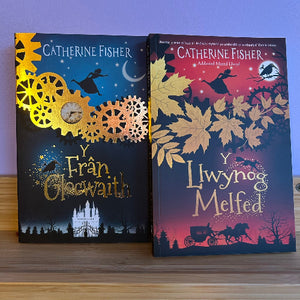 Two books by Catherine Fisher on a wooden surface with a purple background