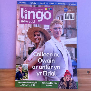 Magazine cover titled 'lingo newydd' featuring a couple outdoors with a purple background.