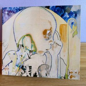 Abstract artwork with a large beige circle and various shapes on a blue background