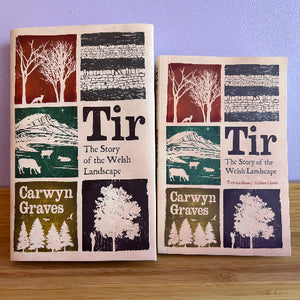 Two copies of 'Tir: The Story of the Welsh Landscape' by Carwyn Graves on a wooden surface with a purple wall background.