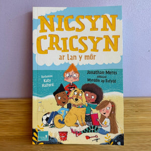 Book cover of 'Nicsyn Cricsyn ar Lan y Mör' with children and a dog on a beach