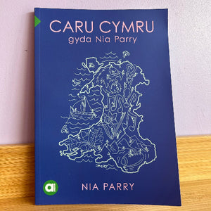 Book titled 'Caru Cymru' by Nia Parry on a wooden surface with a light purple wall background.