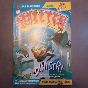 Book cover of 'Mellten Dinistr!' with colorful design and text on a purple background