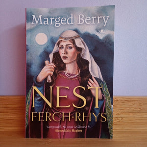 Book cover of 'Nest Ferch Rhys' by Marged Berry on a wooden surface with a light purple wall background.