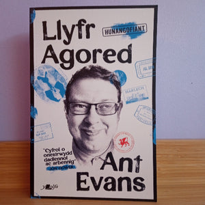 Book cover with a portrait of a man and text in Welsh, on a wooden surface.