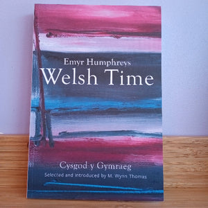 Book titled 'Welsh Time' by Emyr Humphreys on a wooden surface with a light blue background
