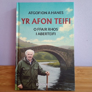 Book cover of 'Yr Afon Teifi' with a man standing by a river and bridge.