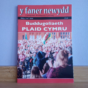 Welsh-language magazine cover titled 'y faner newydd' standing upright on a wooden surface against a light blue wall. The cover has a red header with white text and a large photo of a crowd at a public gathering.
