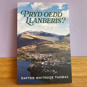 Book cover of 'Pryd Oedd Llanberis?' by Dafydd Whiteside Thomas with a scenic view on a wooden surface.