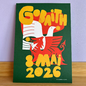Poster with a dragon design and text on a green background