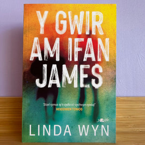 A book titled 'Y Gwir Am Ifan James' by Linda Wyn, standing upright on a wooden surface against a light purple wall. The cover features a gradient background transitioning from yellow and orange at the top to green and teal at the bottom, with black silhouettes of two figures and large white title text.