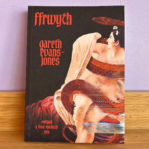 A hardcover book titled 'ffrwyth' by Gareth Evans-Jones, featuring a dark cover with red gothic text and an artistic illustration of a woman wrapped in a snake, standing on a wooden surface against a light purple wall.
