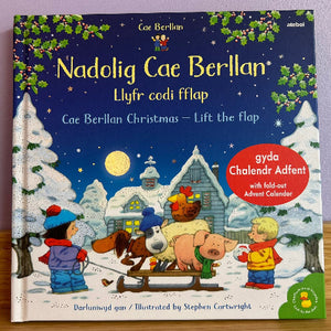A children's book titled 'Nadolig Cae Berilan' by Cae Berilan, featuring a colorful winter village illustration on the cover. The book is photographed standing upright on a wooden surface against a light purple wall.