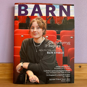 A physical copy of the magazine BARN, featuring a cover portrait of Elin Steele in front of red auditorium seats. The magazine is standing on a wooden surface against a light purple wall.
