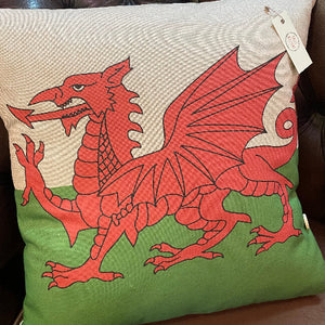 Pillow with red dragon design on a beige and green background