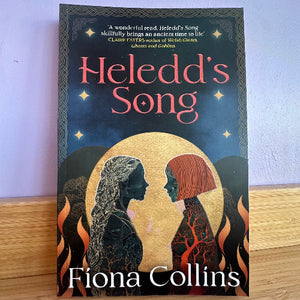 The book cover of 'Heledd's Song' by Fiona Collins, featuring a dark blue starry sky, a large gold moon, and two profile silhouettes facing each other, resting on a wooden surface against a light purple wall.
