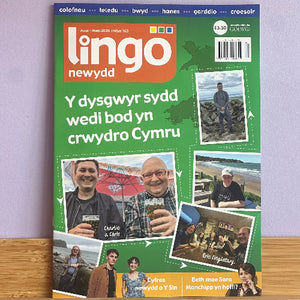 A Welsh language magazine titled 'lingo newydd' with a green cover, photographed standing upright on a wooden surface against a light purple wall. The cover features multiple small travel photos, white text, and a large orange title block.