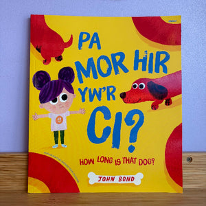 Children's book titled 'PA MOR HIR YW'R CI?' by John Bond, featuring a bright yellow cover with playful illustrations of a girl and red dogs, photographed standing on a wooden surface against a light blue wall.