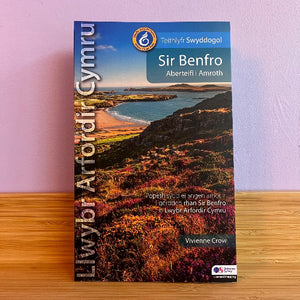 Book cover of 'Sir Benfro' with a scenic view on a wooden surface and purple wall background