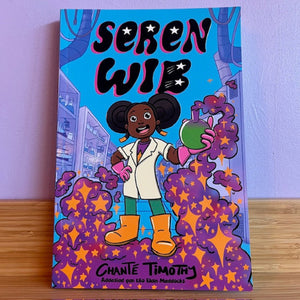 Book cover of 'Seren Wie' with a character holding a green object against a colorful background.