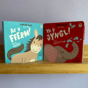 Two children's books on a shelf, one about farm animals and the other about jungle animals.