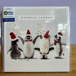 Packaged Christmas card with penguins wearing hats and scarves on a white background.