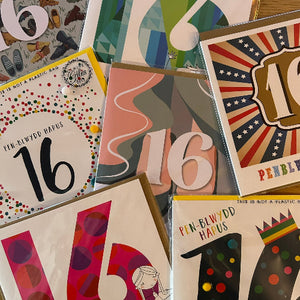 Collection of birthday cards with various designs and the number 16.