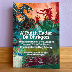 Book cover with two dragons and text on a wooden surface and purple wall background