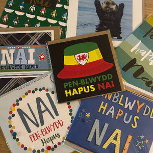 Collection of greeting cards with various designs and text, including a prominent card with a red, yellow, and green hat design.